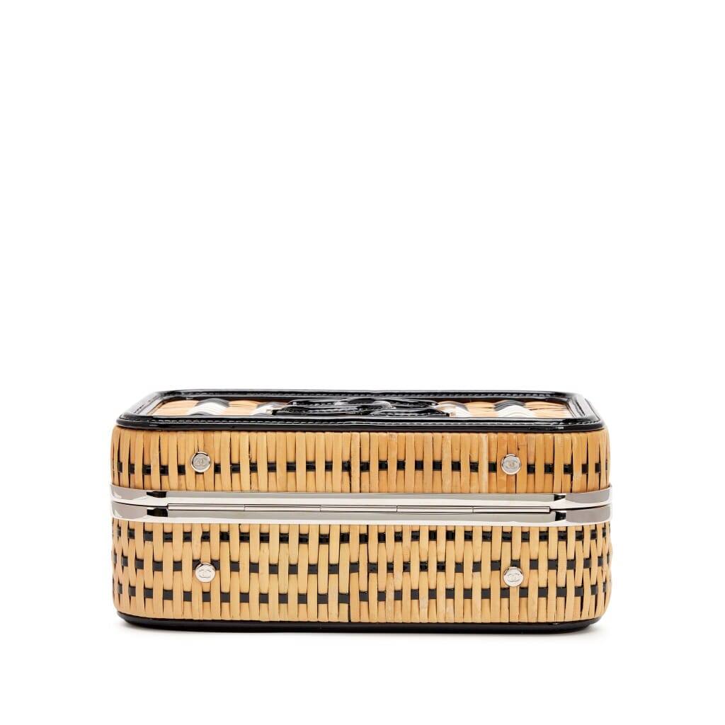 Black Patent Leather and Natural Rattan Wicker CC Filigree Medium Vanity Case Silver Hardware, 2019