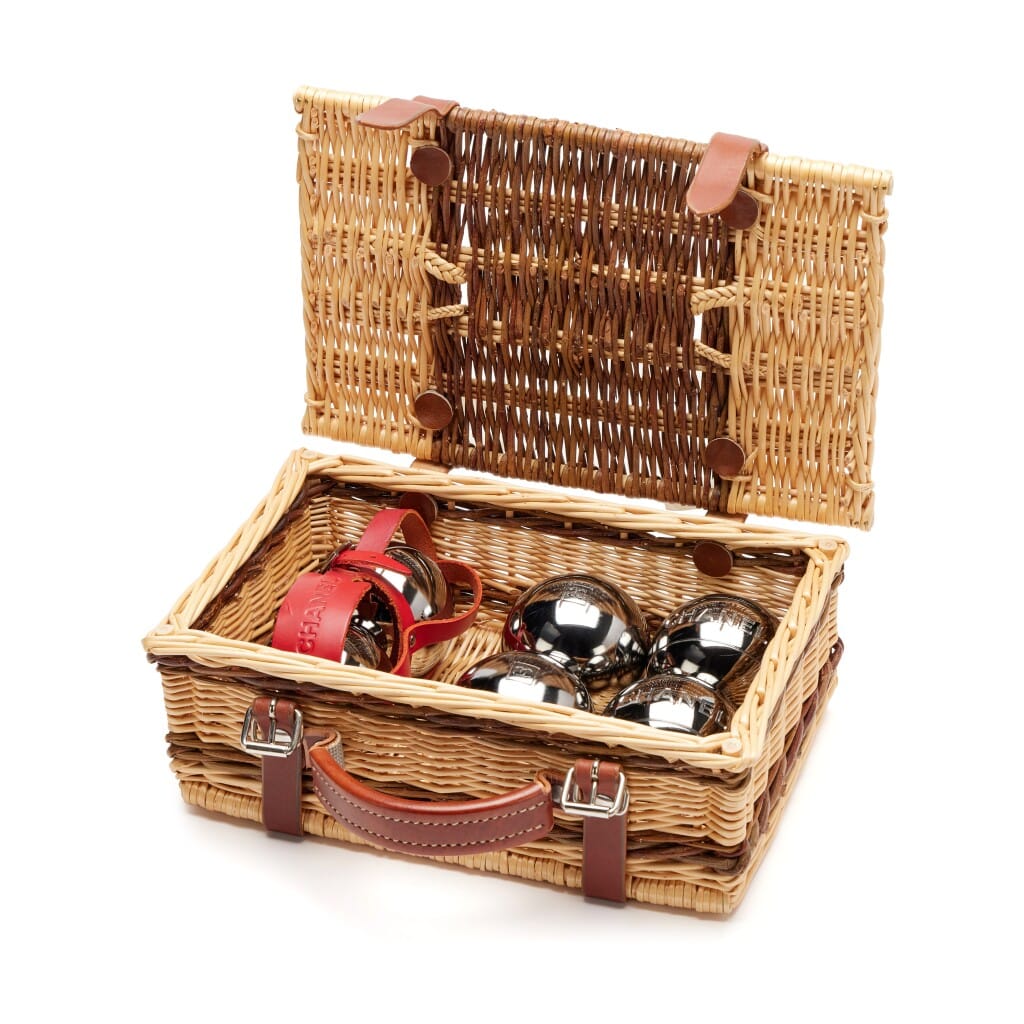 Limited Edition Wicker Basket Petanque Bocce Ball Set Bag Silver Hardware, 2010