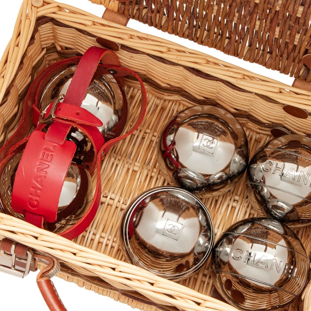 Limited Edition Wicker Basket Petanque Bocce Ball Set Bag Silver Hardware, 2010