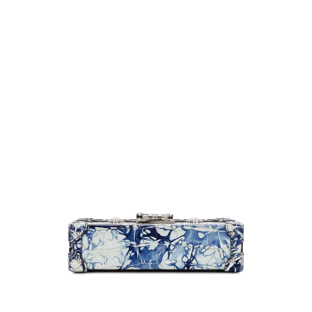 Blue and White Shiny Alligator Petite Malle Silver Hardware