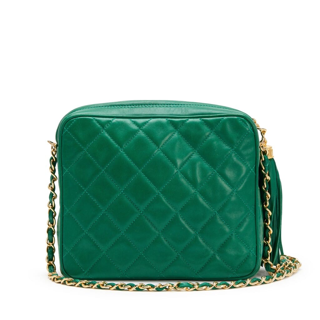 Vintage Emerald Green Quilted Lambskin Front Pocket Tassel Camera Bag Gold Hardware, 1986-1988