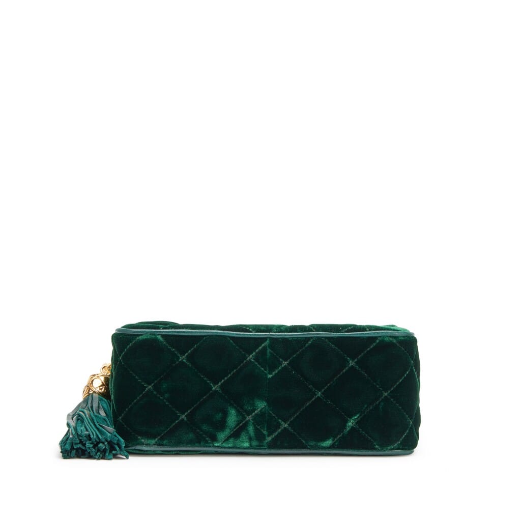 Chanel Vintage Green Quilted Velvet CC Camera Tassel Bag Gold Hardware, 1991