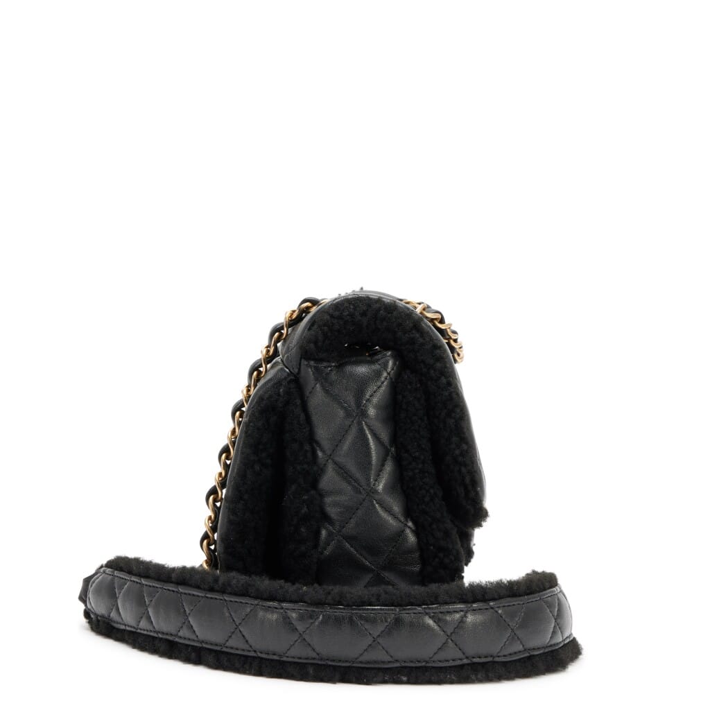 Black Quilted Lambskin and Shearing Muff Medium Flap Bag Brushed Gold Hardware, 2021