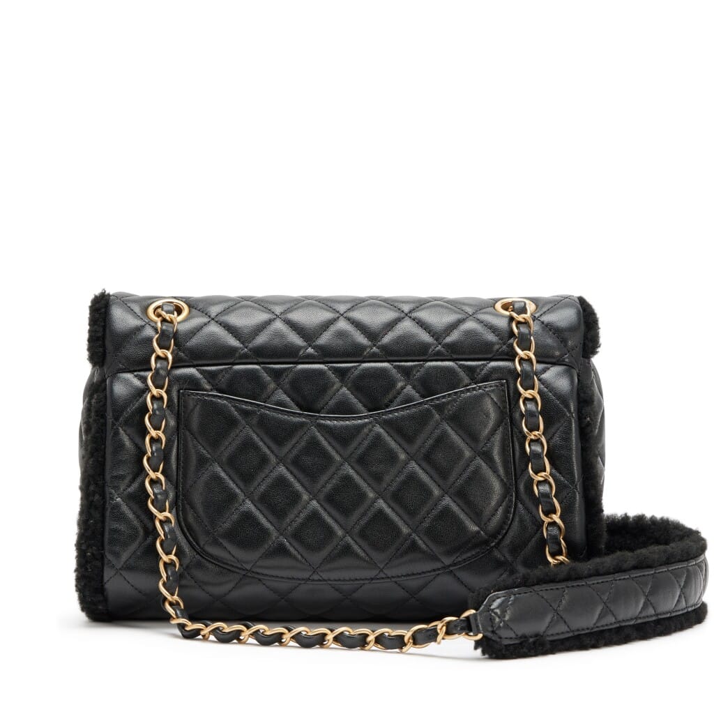 Black Quilted Lambskin and Shearing Muff Medium Flap Bag Brushed Gold Hardware, 2021