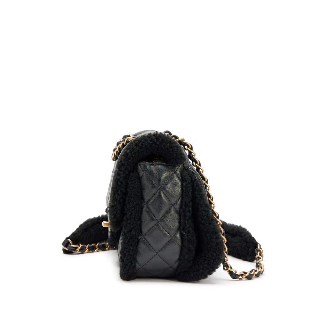 Black Quilted Lambskin and Shearing Muff Medium Flap Bag Brushed Gold Hardware, 2021