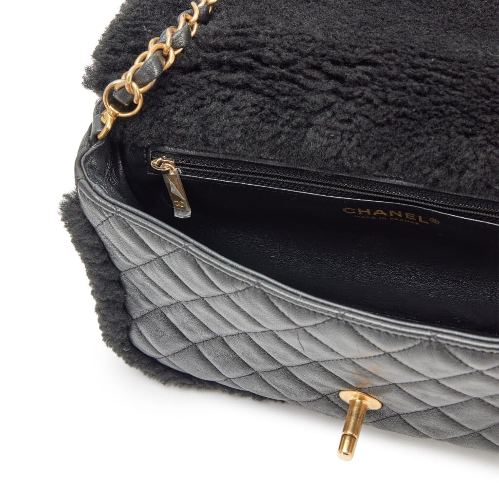 Black Quilted Lambskin and Shearing Muff Medium Flap Bag Brushed Gold Hardware, 2021