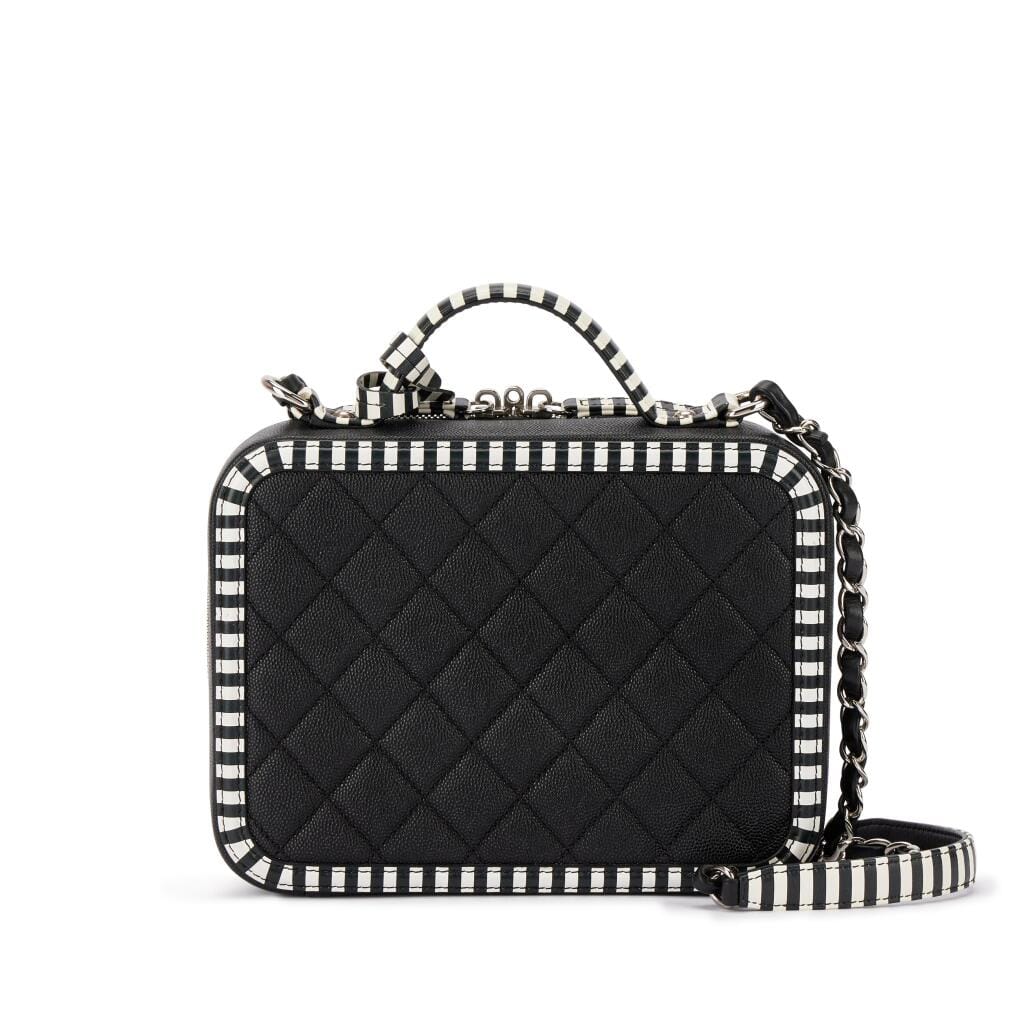 Black and White Quilted Caviar CC Filigree Vanity Case Silver Hardware, 2018-19