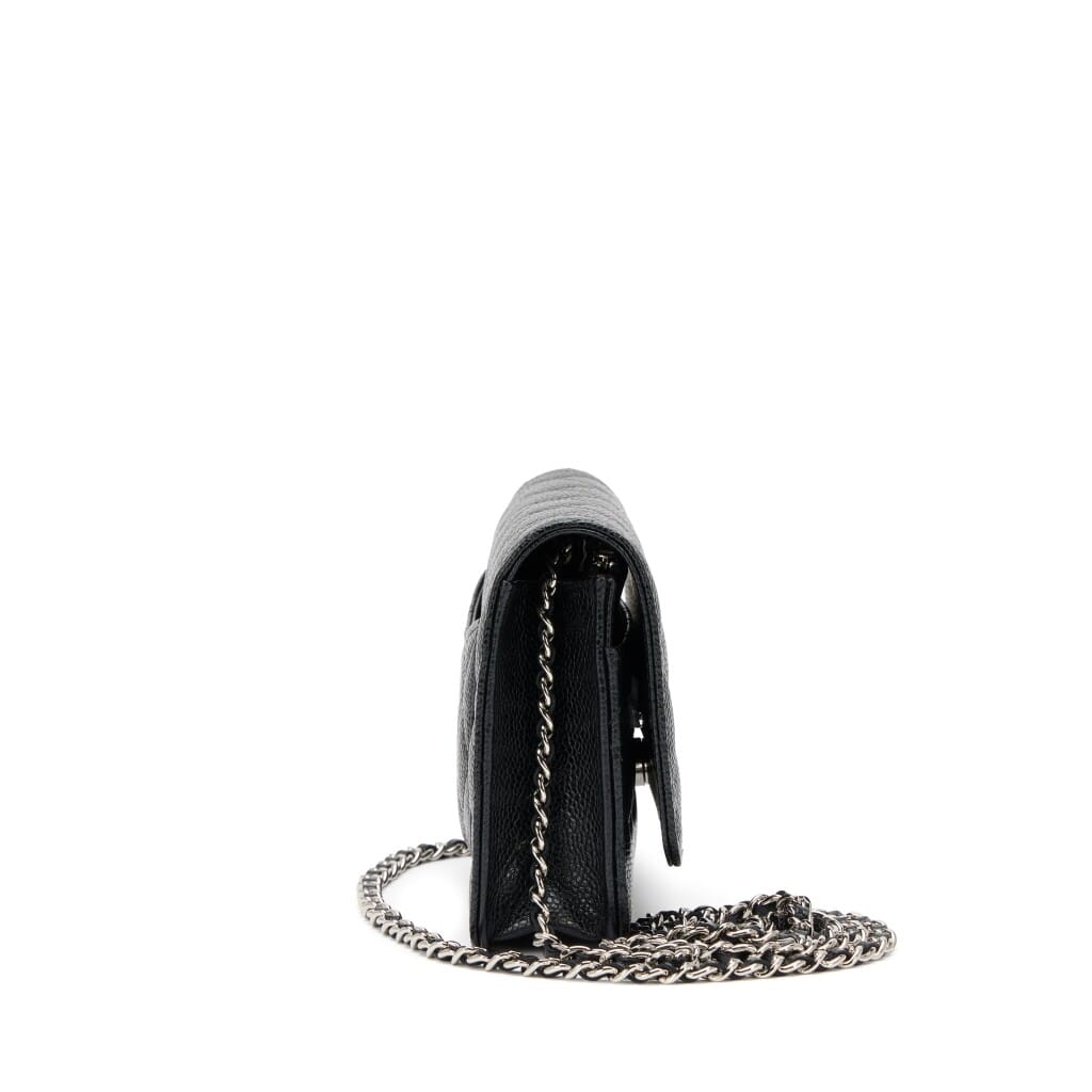 Black Quilted Caviar Classic Wallet On Chain WOC Silver Hardware, 2023