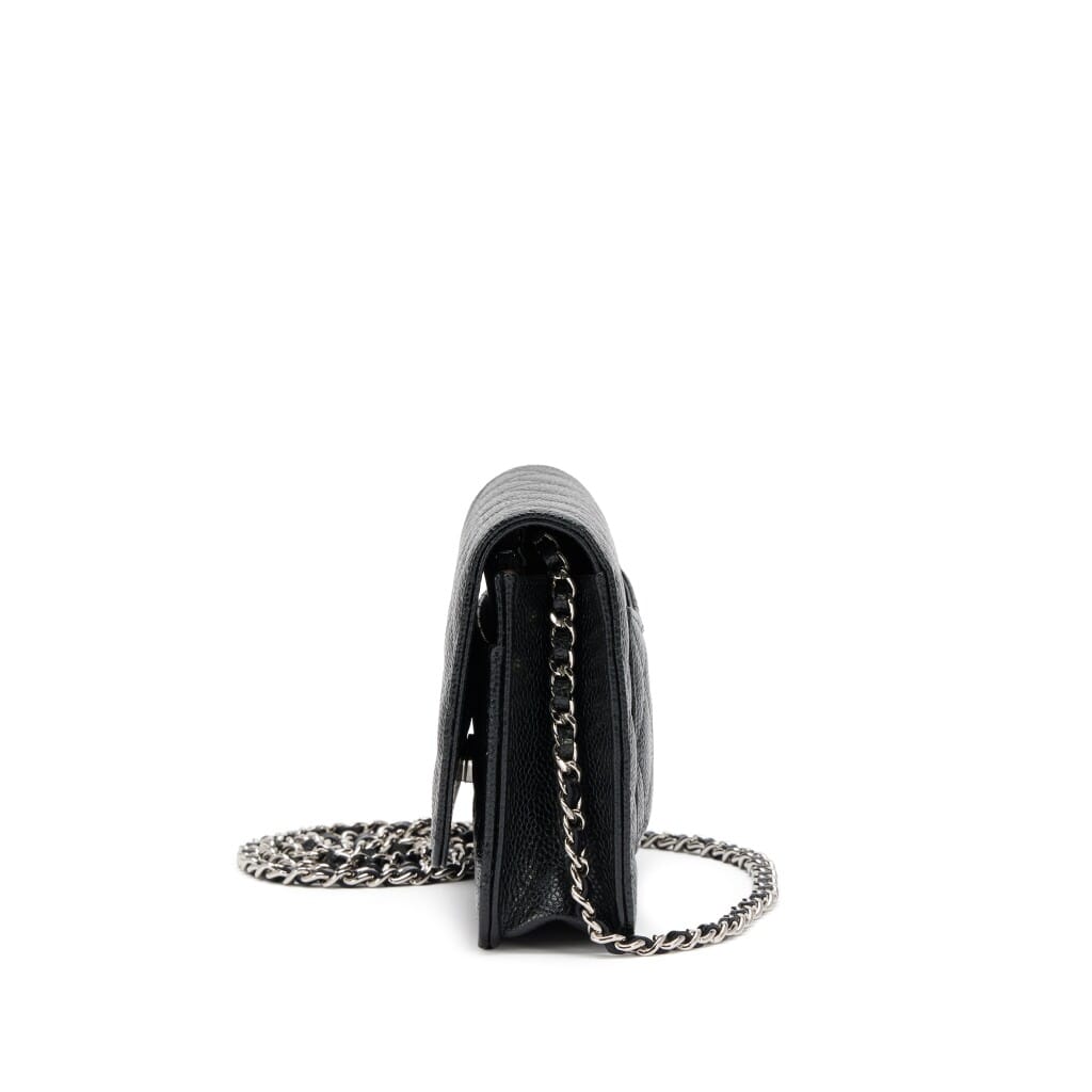 Black Quilted Caviar Classic Wallet On Chain WOC Silver Hardware, 2023
