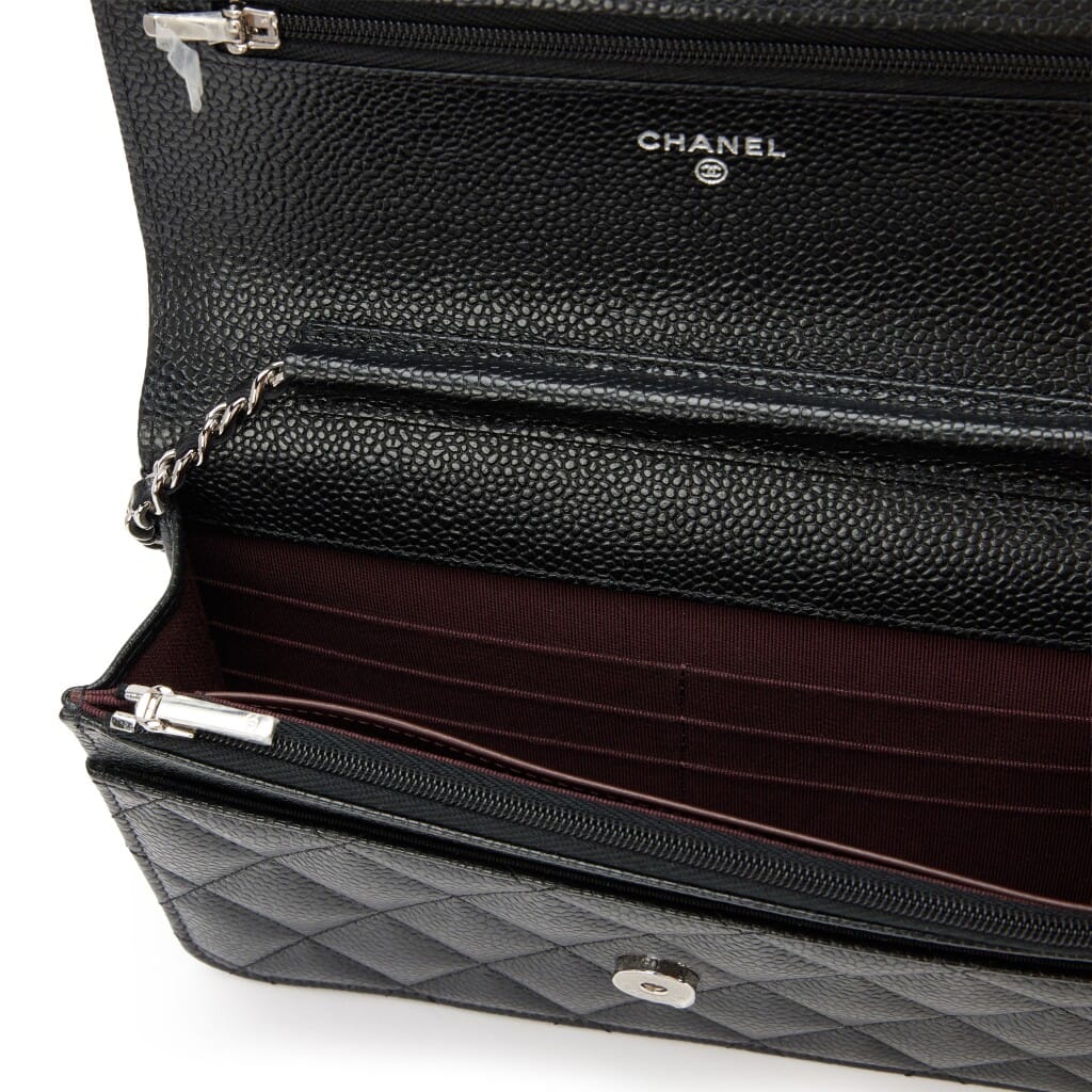 Black Quilted Caviar Classic Wallet On Chain WOC Silver Hardware, 2023