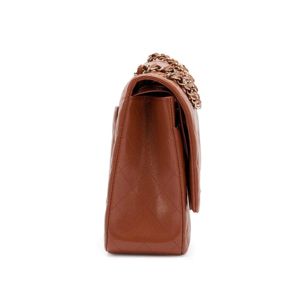 Caramel Brown Quilted Caviar Maxi Classic Double Flap Bag Gold Hardware, 2023
