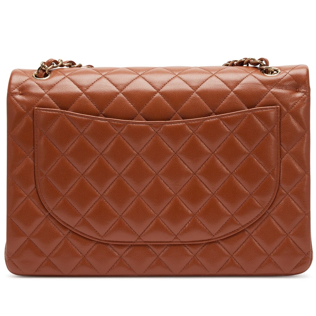 Caramel Brown Quilted Caviar Maxi Classic Double Flap Bag Gold Hardware, 2023