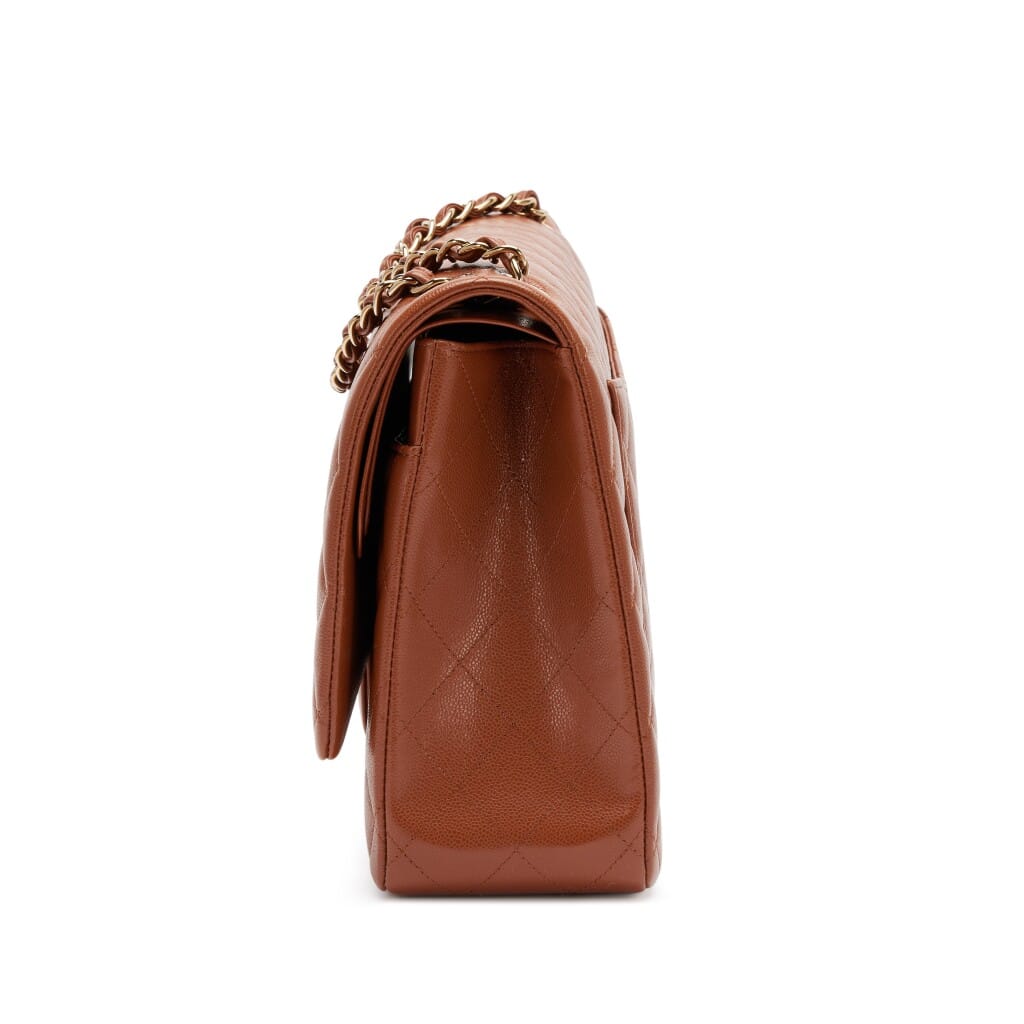 Caramel Brown Quilted Caviar Maxi Classic Double Flap Bag Gold Hardware, 2023