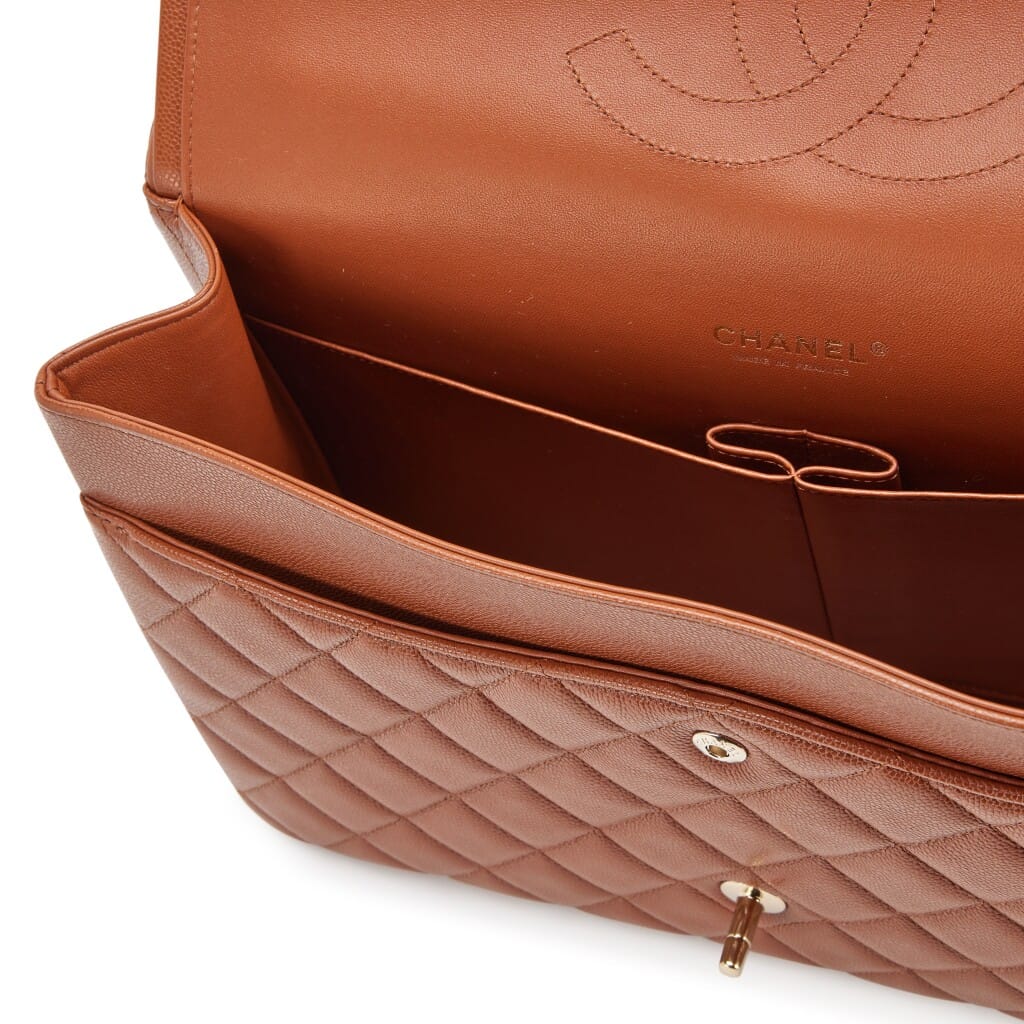 Caramel Brown Quilted Caviar Maxi Classic Double Flap Bag Gold Hardware, 2023