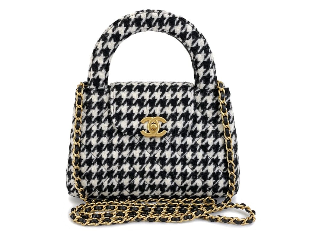 Black and White Houndstooth Tweed Small Kelly Bag Aged Gold Hardware, 2024