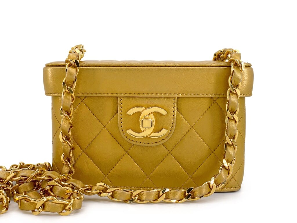 Vintage Gold Bronze Quilted Lambskin Petite Vanity Case Gold Hardware, 1991
