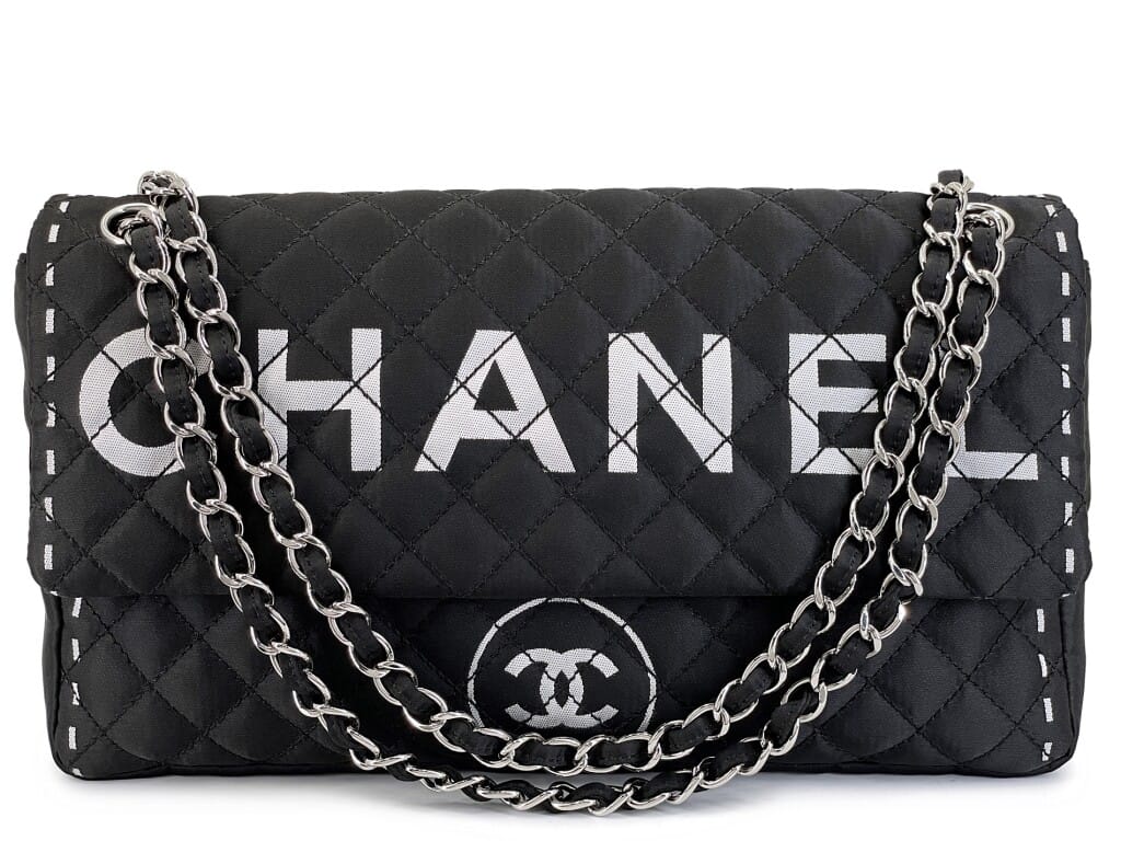 Black and White Quilted Nylon Printed Logomania Flap Bag Silver Hardware, 2008