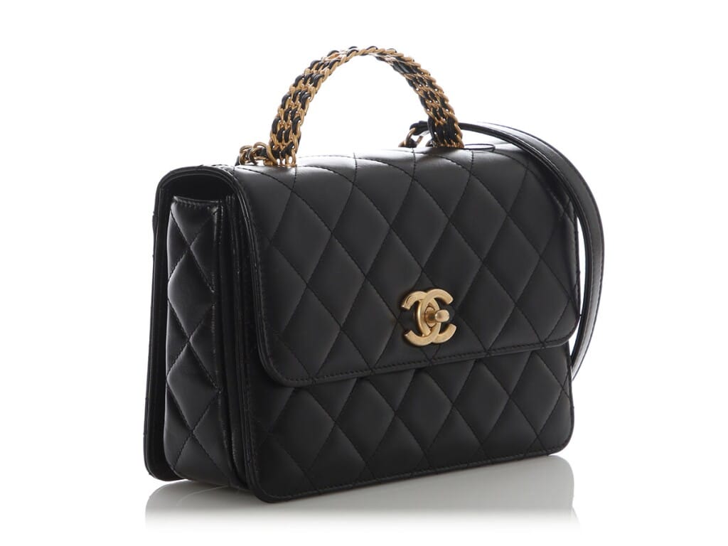 Black Quilted Lambskin Small Top Handle Flap Bag Aged Gold Hardware, 2023