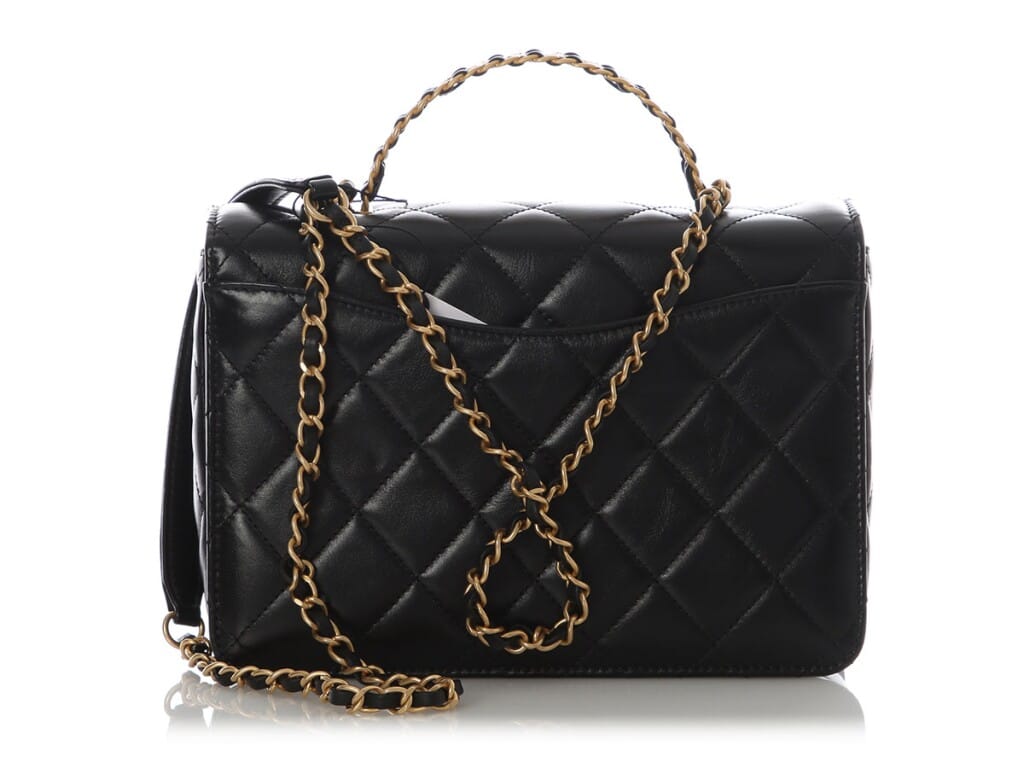 Black Quilted Lambskin Small Top Handle Flap Bag Aged Gold Hardware, 2023