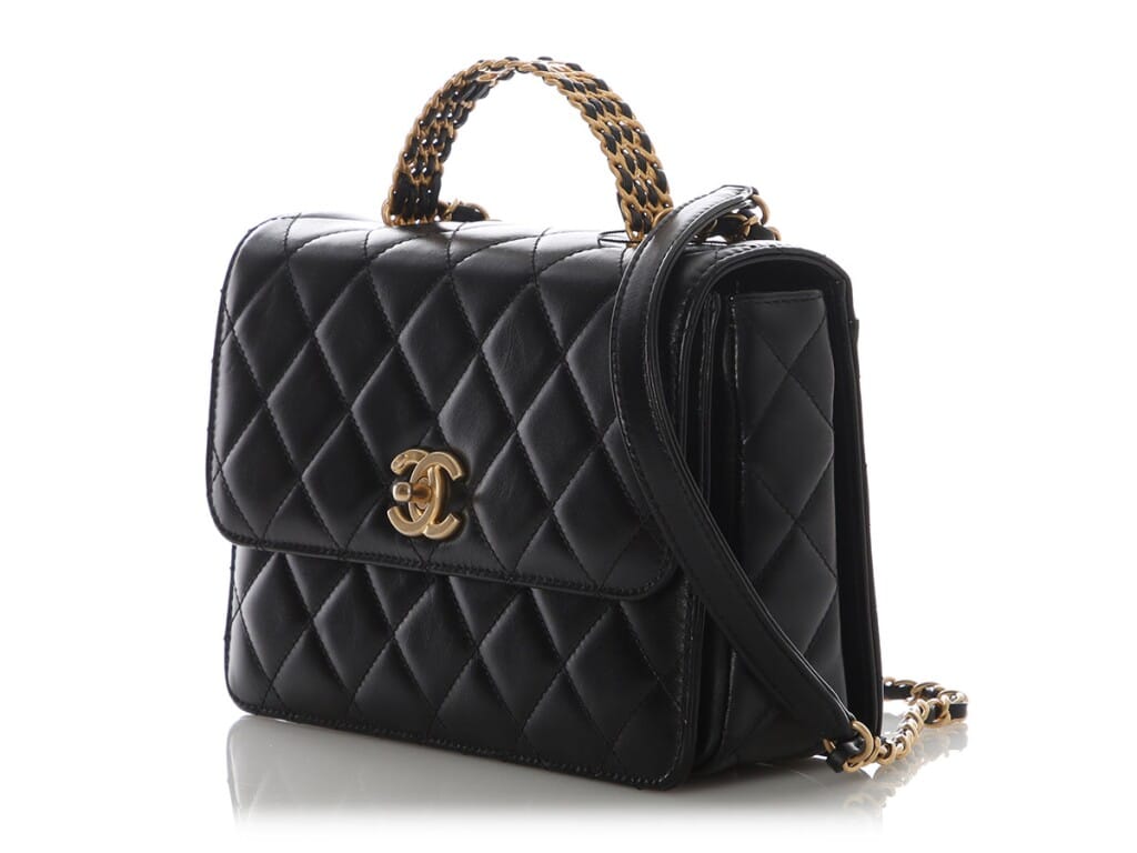 Black Quilted Lambskin Small Top Handle Flap Bag Aged Gold Hardware, 2023