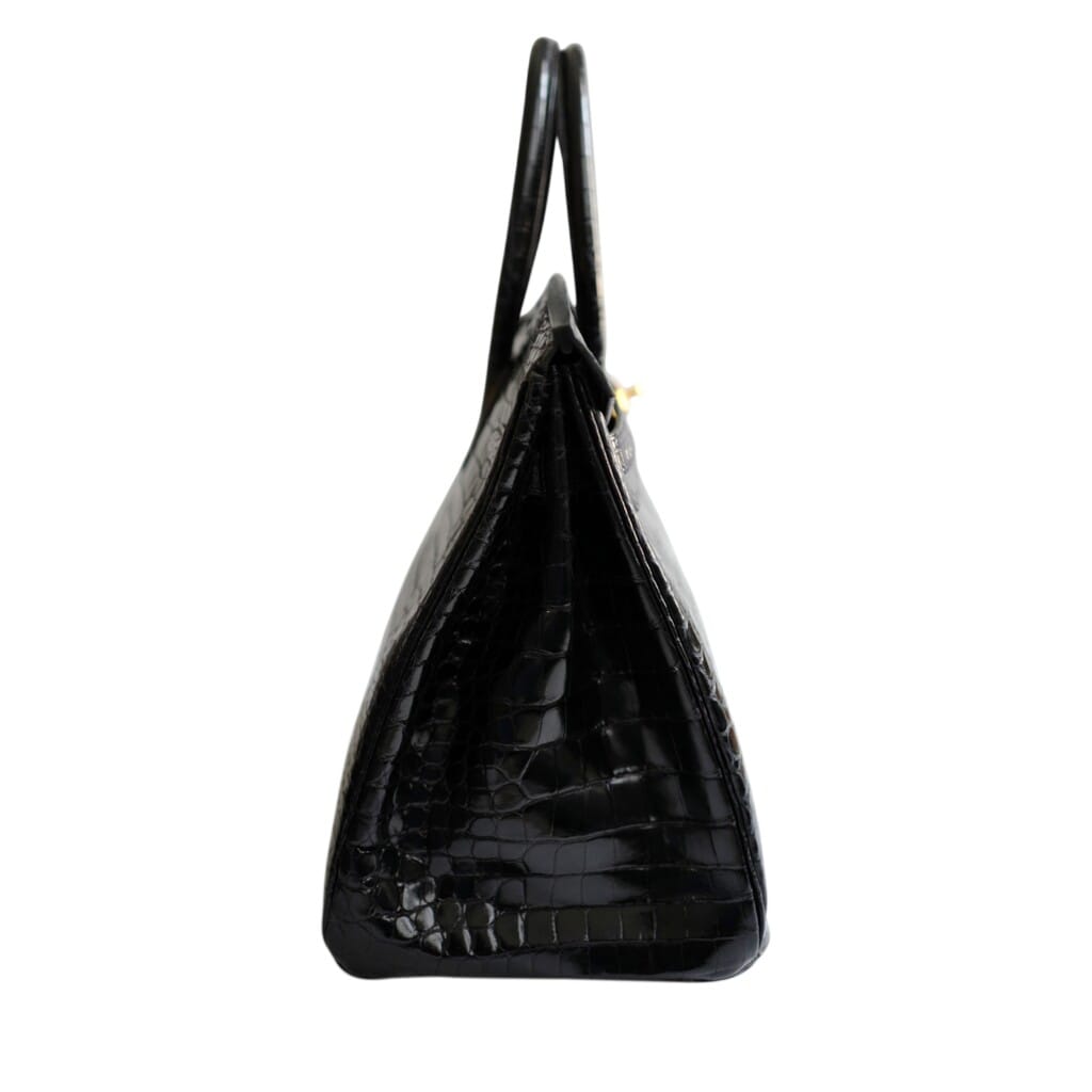 Vintage Black Shiny Porosus Crocodile Birkin 35 Gold Hardware, 2000