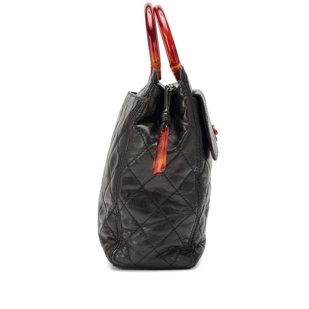 Vintage Black Quilted Lambskin Pocket Top Handle Tote Tortoiseshell Bakelite Hardware, 1996-1997
