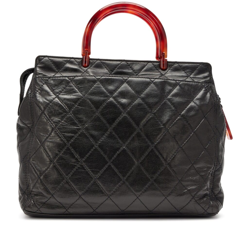 Vintage Black Quilted Lambskin Pocket Top Handle Tote Tortoiseshell Bakelite Hardware, 1996-1997