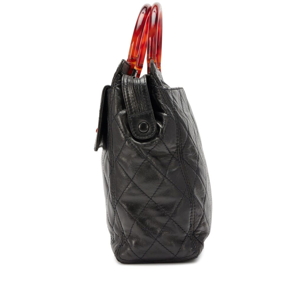 Vintage Black Quilted Lambskin Pocket Top Handle Tote Tortoiseshell Bakelite Hardware, 1996-1997