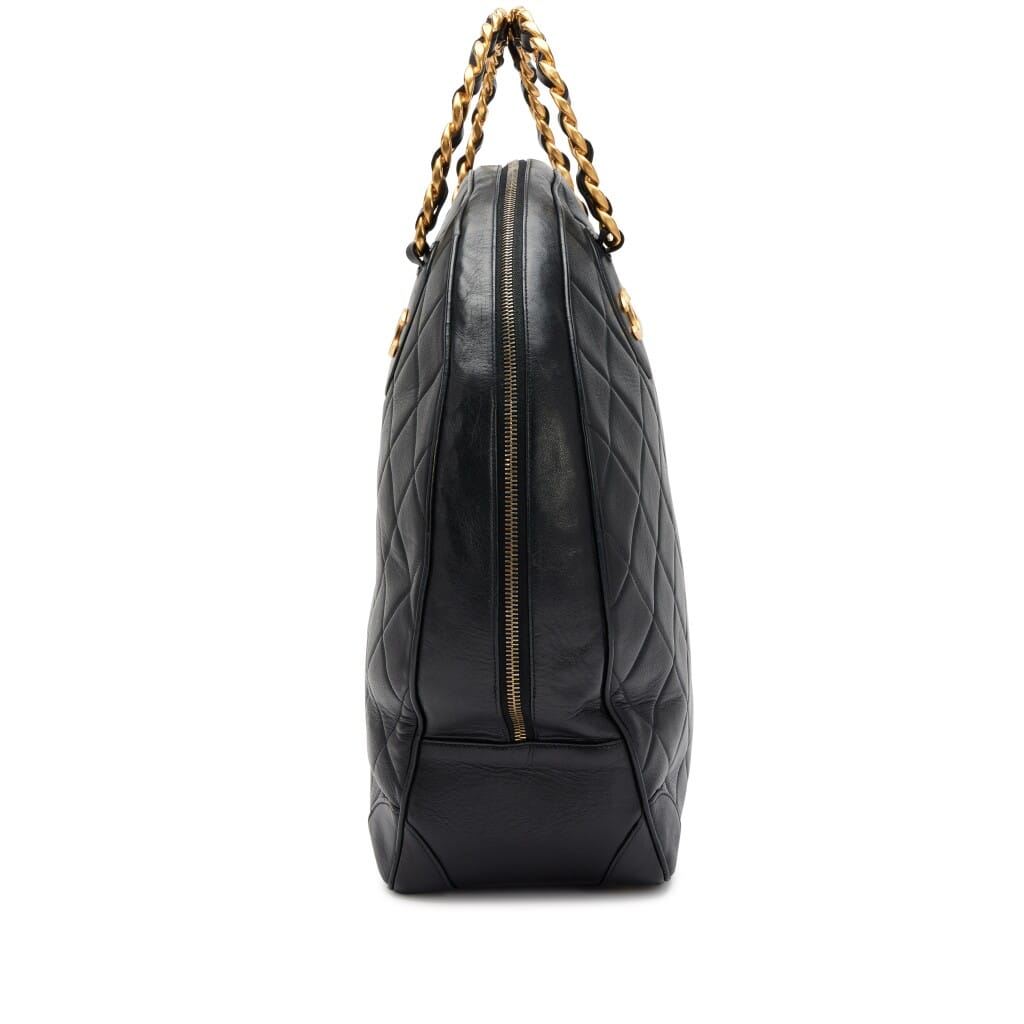 Vintage Black Quilted Lambskin Woven Chain Handle Bowler Bag Gold Hardware, 1992