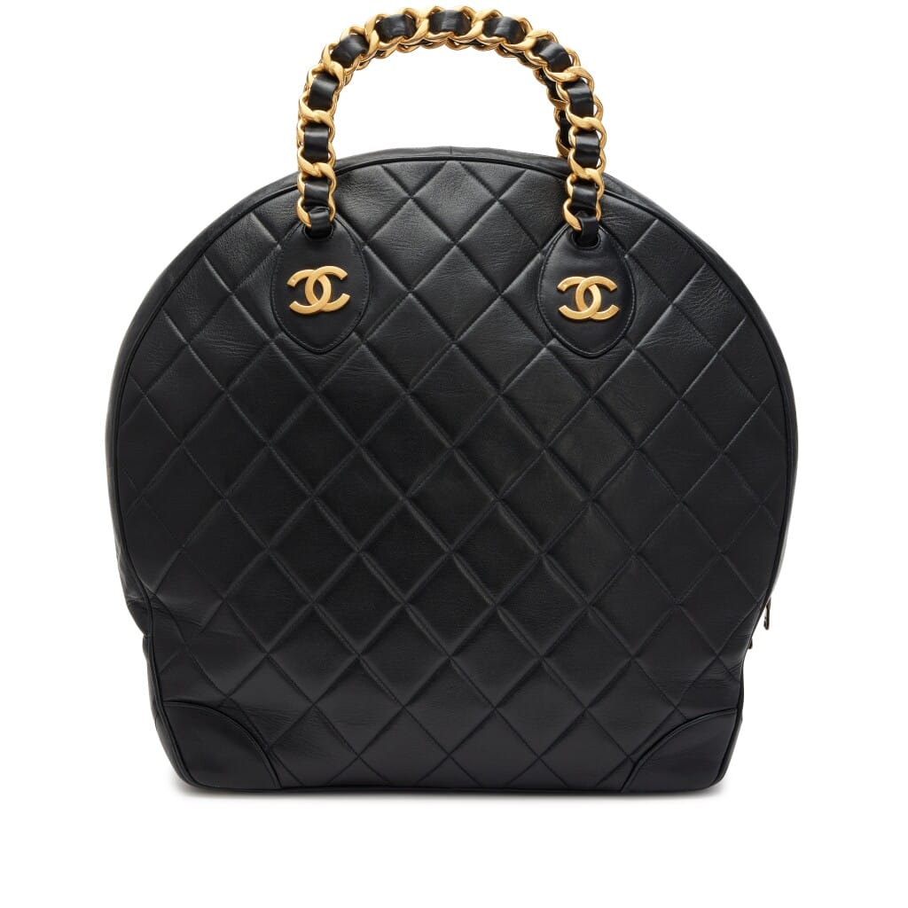 Vintage Black Quilted Lambskin Woven Chain Handle Bowler Bag Gold Hardware, 1992