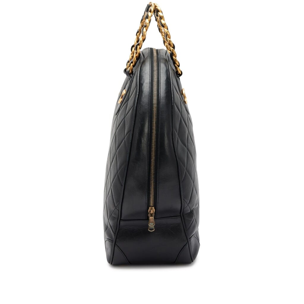 Vintage Black Quilted Lambskin Woven Chain Handle Bowler Bag Gold Hardware, 1992