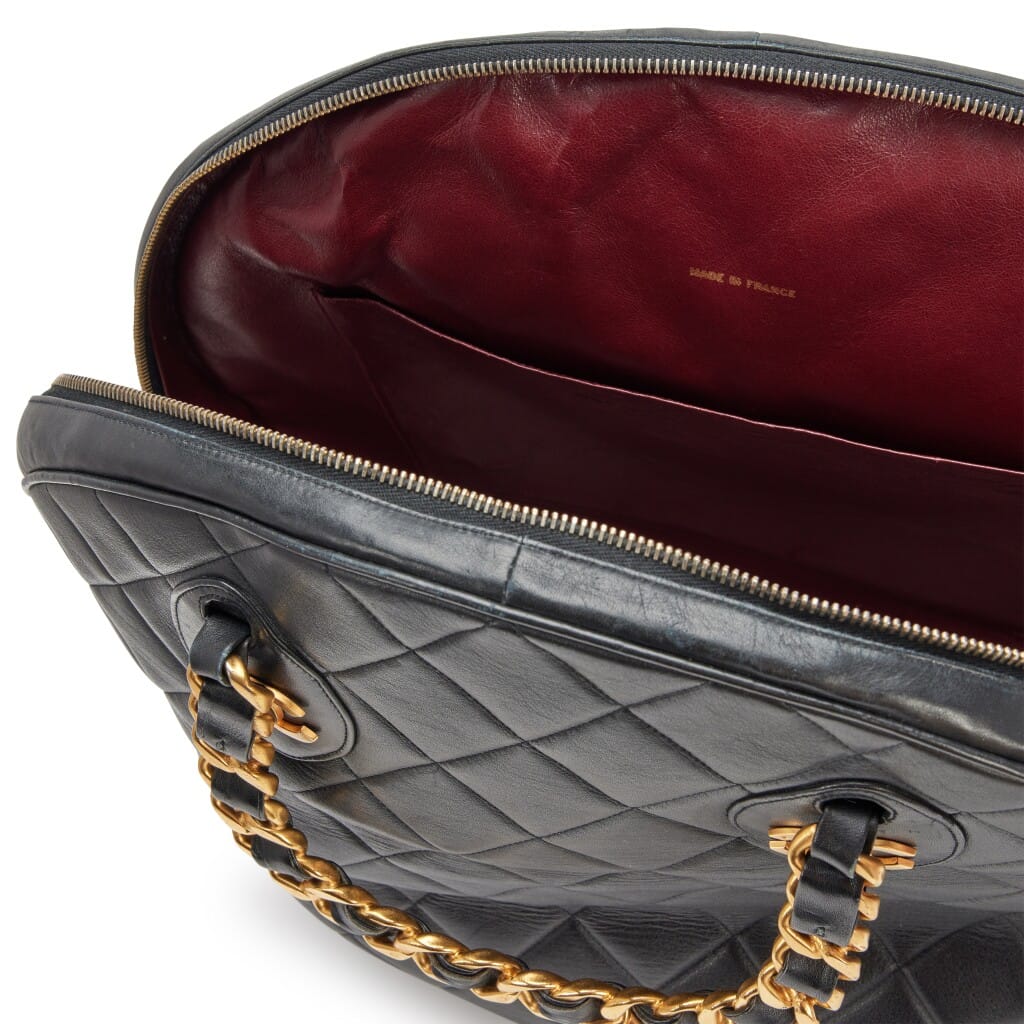 Vintage Black Quilted Lambskin Woven Chain Handle Bowler Bag Gold Hardware, 1992