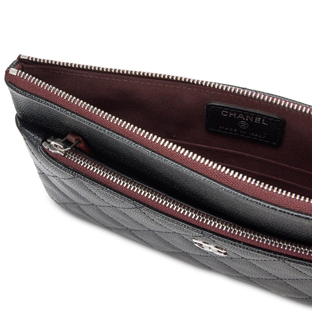 Black Quilted Caviar Double Zip Cosmetic Case Pouch Silver Hardware, 2020