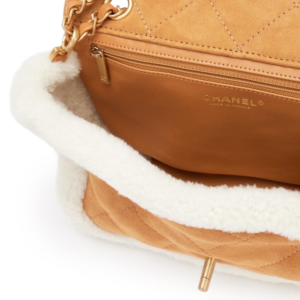 Camel Beige Quilted Shearling Suede Medium Coco Neige Single Flap Bag Aged Gold Hardware, 2018