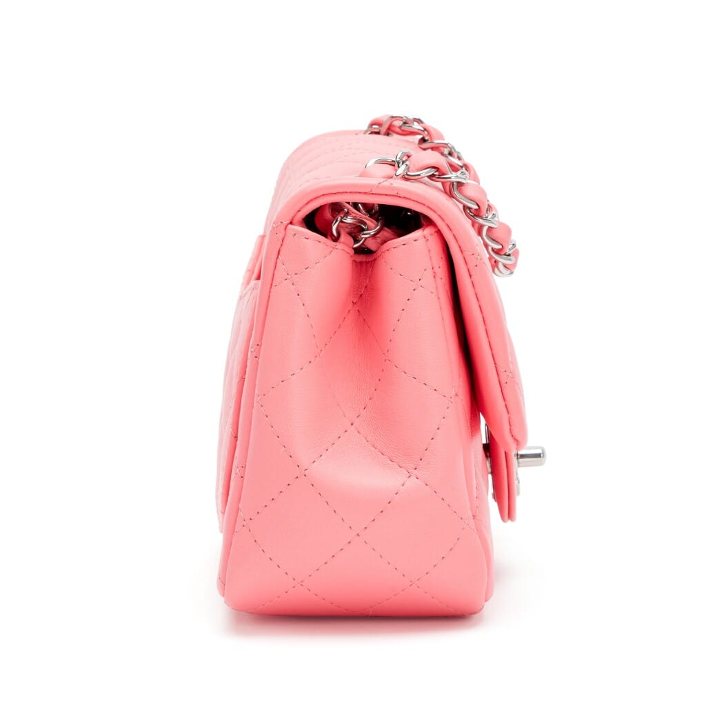 Neon Bright Pink Quilted Lambskin Mini Square Classic Single Flap Bag Silver Hardware, 2022