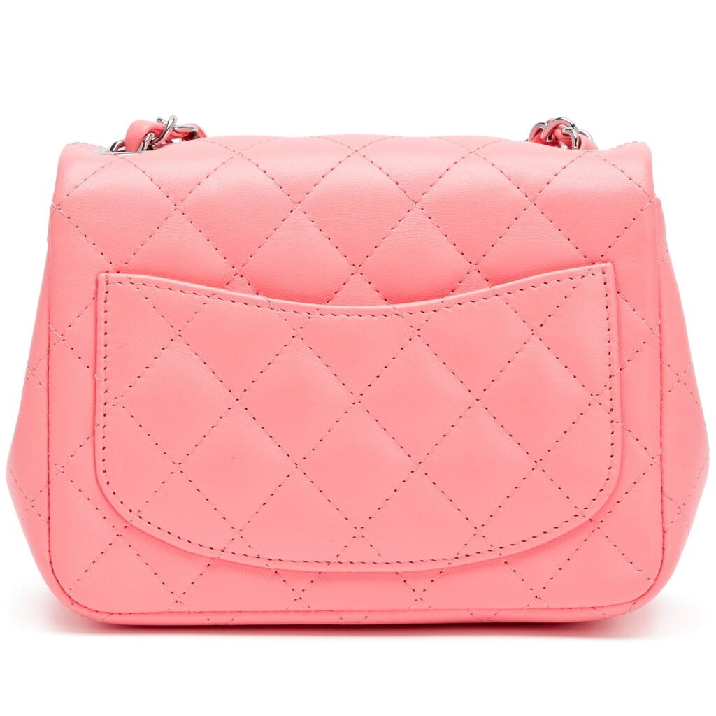 Neon Bright Pink Quilted Lambskin Mini Square Classic Single Flap Bag Silver Hardware, 2022