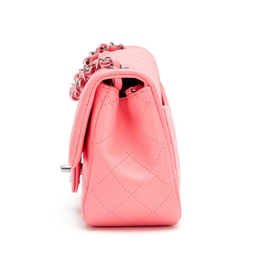 Neon Bright Pink Quilted Lambskin Mini Square Classic Single Flap Bag Silver Hardware, 2022