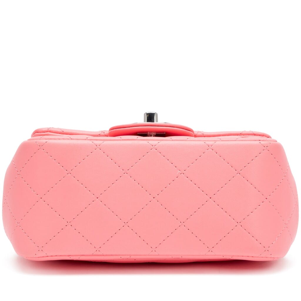Neon Bright Pink Quilted Lambskin Mini Square Classic Single Flap Bag Silver Hardware, 2022