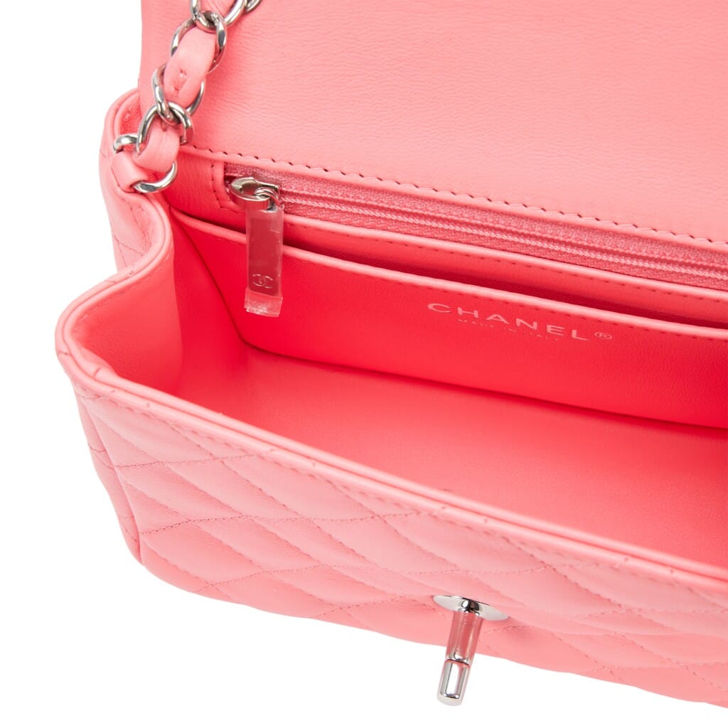 Neon Bright Pink Quilted Lambskin Mini Square Classic Single Flap Bag Silver Hardware, 2022