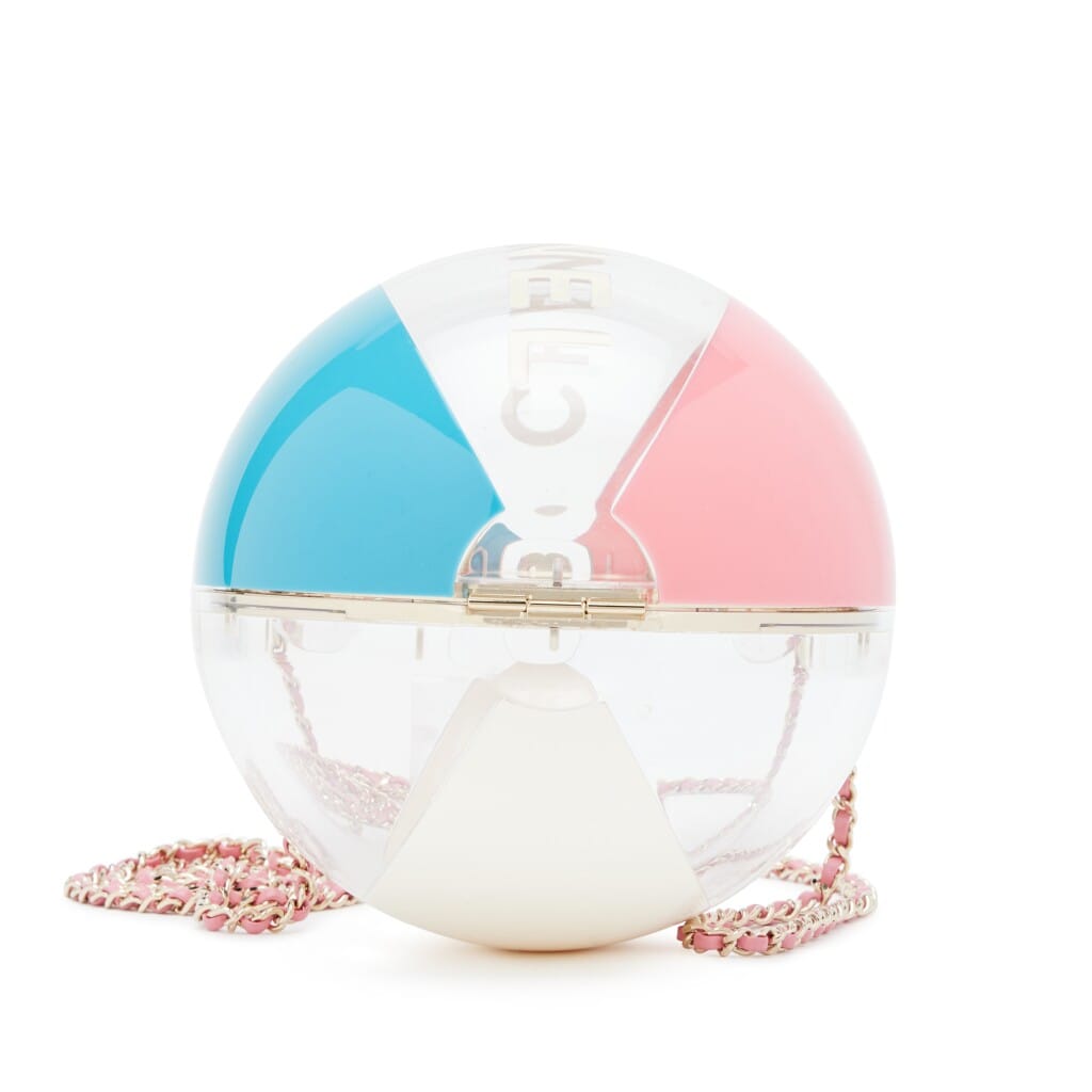Pink, Clear and Blue Resin Coco Beach Ball Minaudière Light Gold Hardware, 2019