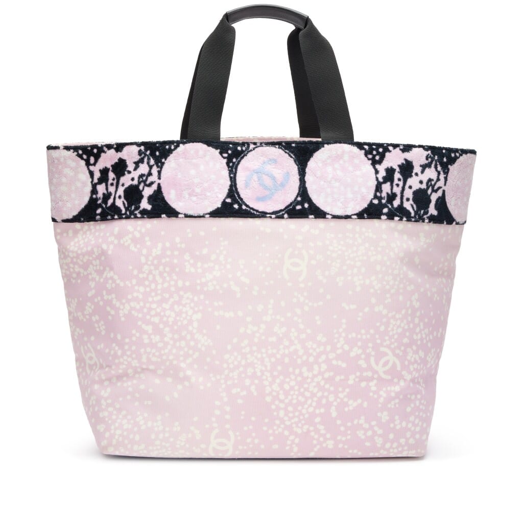 Pink and Black Terry Cotton Canvas Printed Large CC Tote Silver Hardware, 2005
