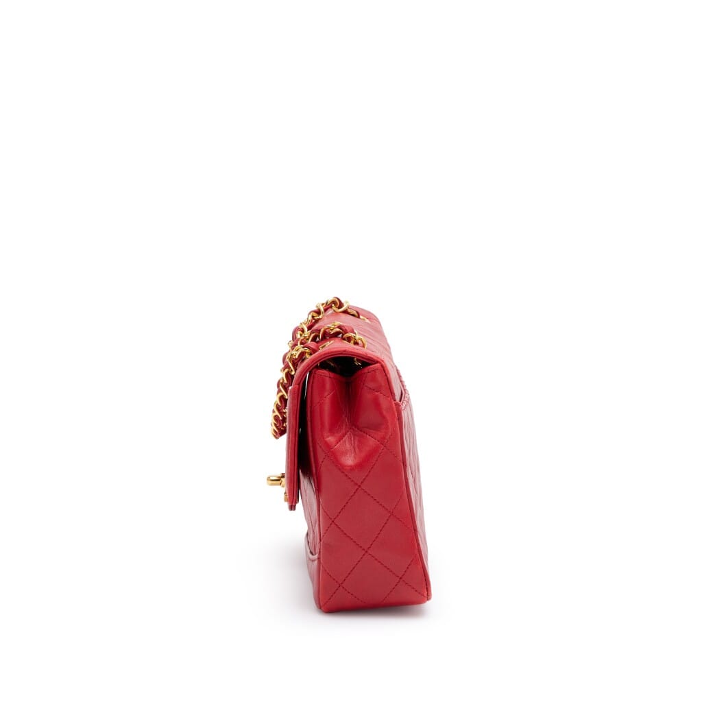 Vintage Red Quilted Lambskin Medium CC Chain Flap Bag with Pouch Gold Hardware, 1989-1991