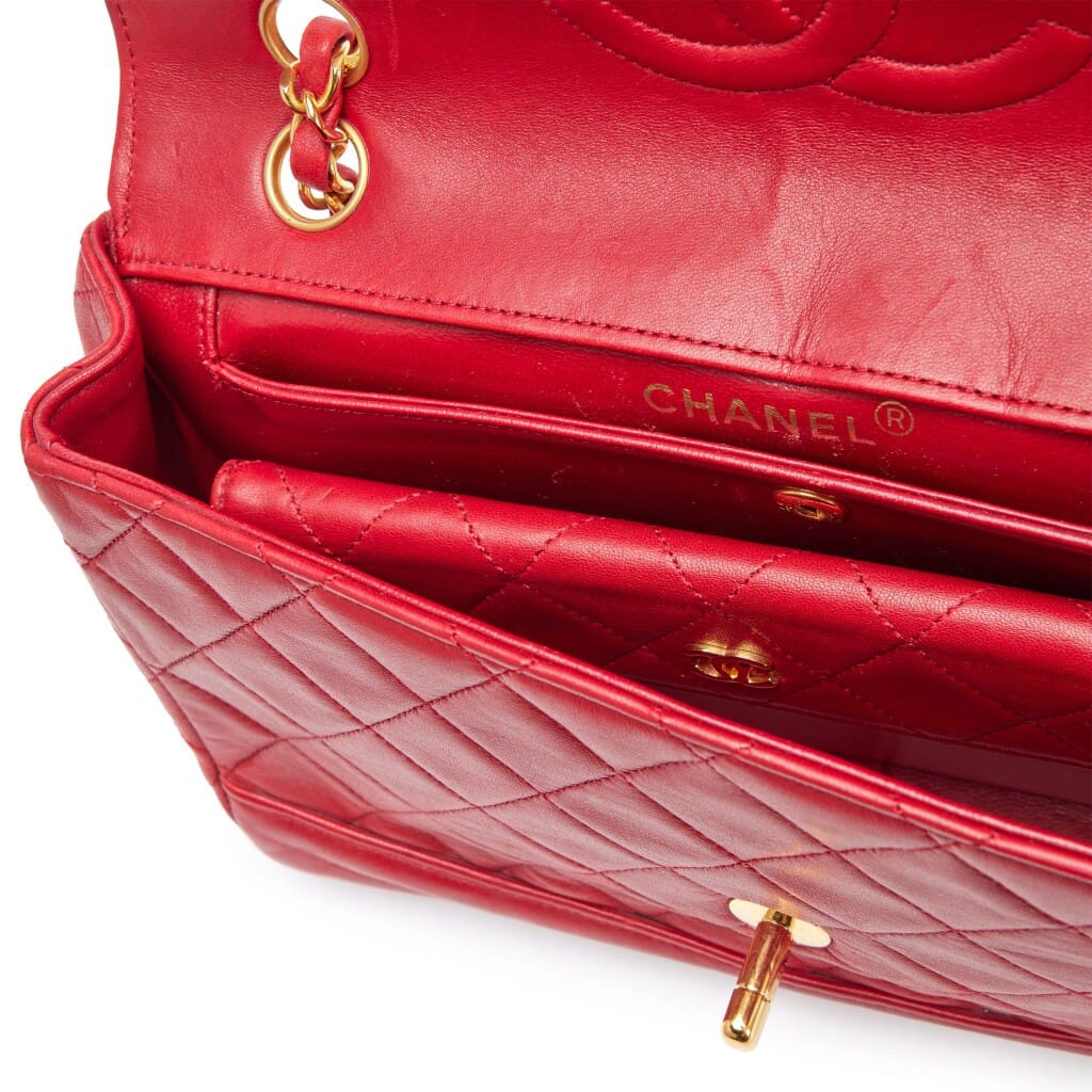 Vintage Red Quilted Lambskin Medium CC Chain Flap Bag with Pouch Gold Hardware, 1989-1991