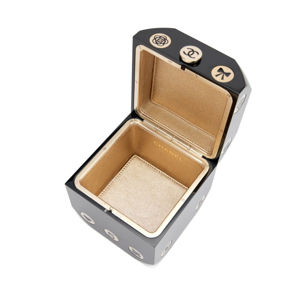 Black Plexiglass Casino Dice Minaudière Bag Brushed Light Gold Hardware, 2016