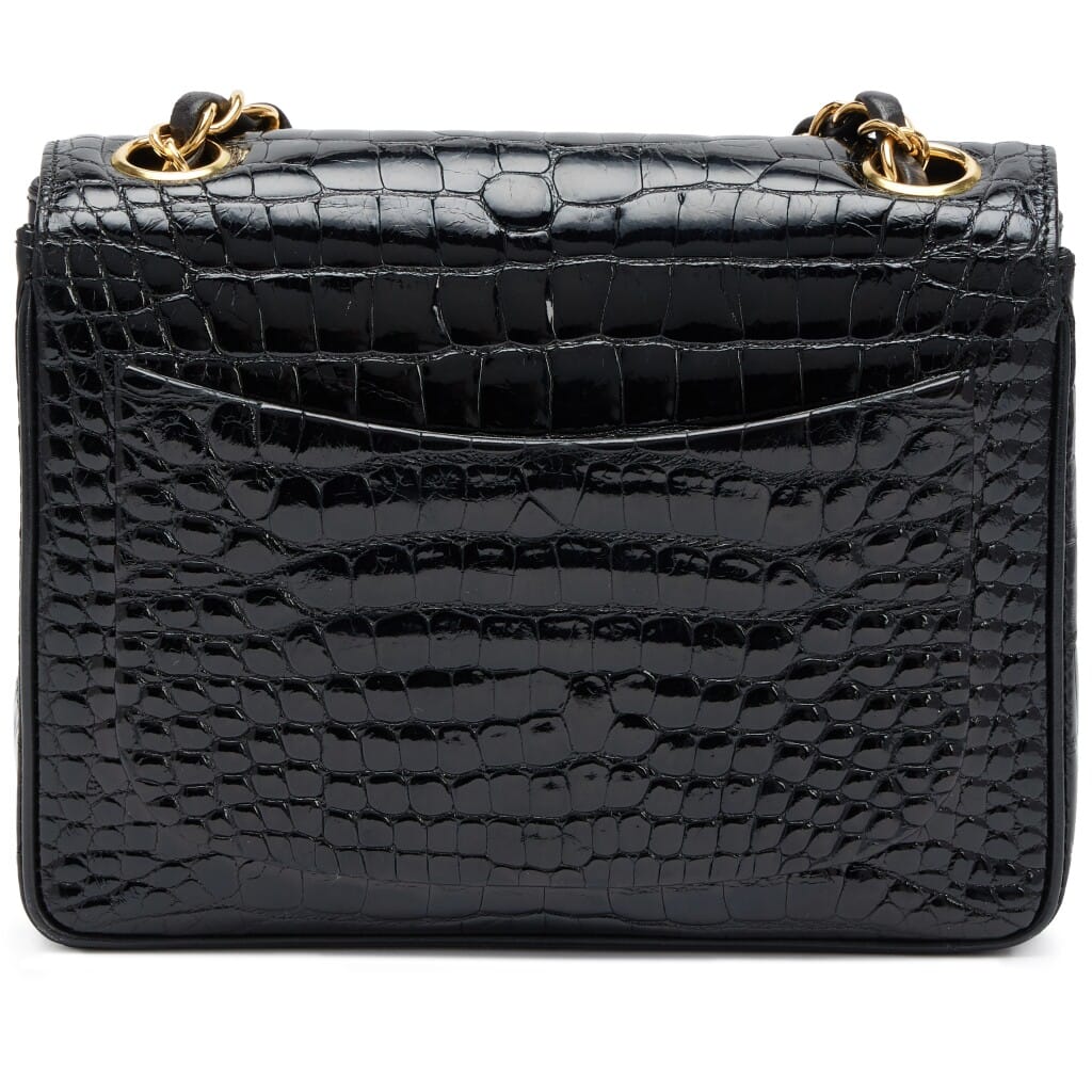 Vintage Black Alligator Mini Square Classic Flap Bag Gold Hardware, 1994-1996