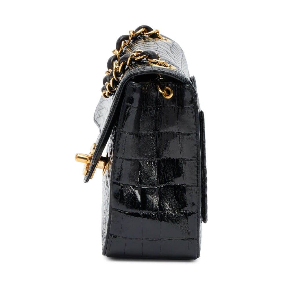 Vintage Black Alligator Mini Square Classic Flap Bag Gold Hardware, 1994-1996