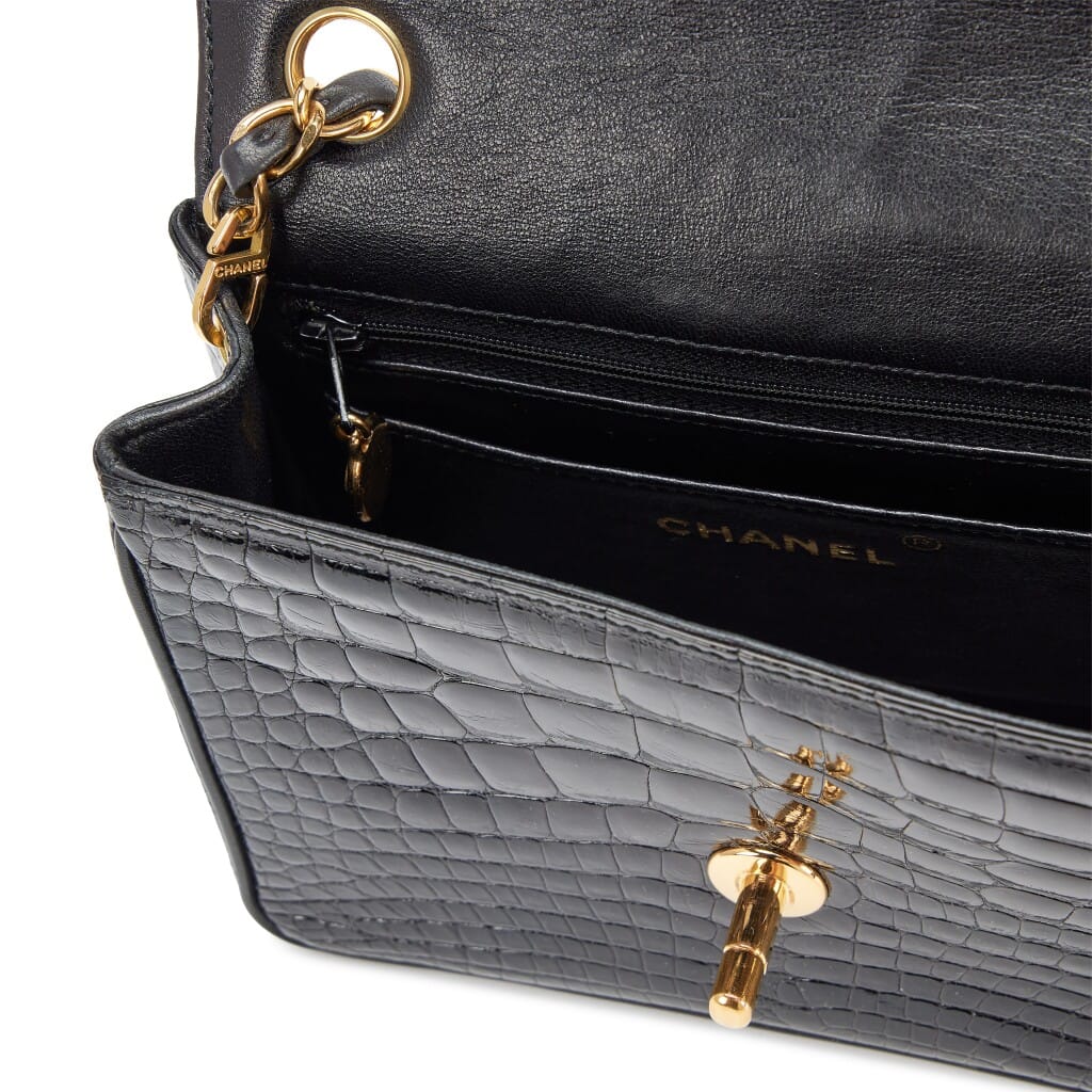 Vintage Black Alligator Mini Square Classic Flap Bag Gold Hardware, 1994-1996