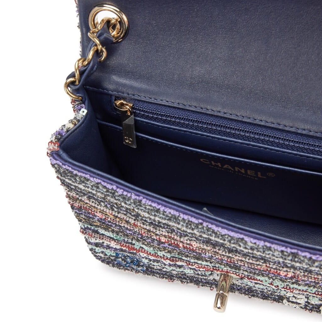 Multicolor Mixed Fibers Sequin Logo Classic Mini Flap Bag Pale Gold Hardware, 2023