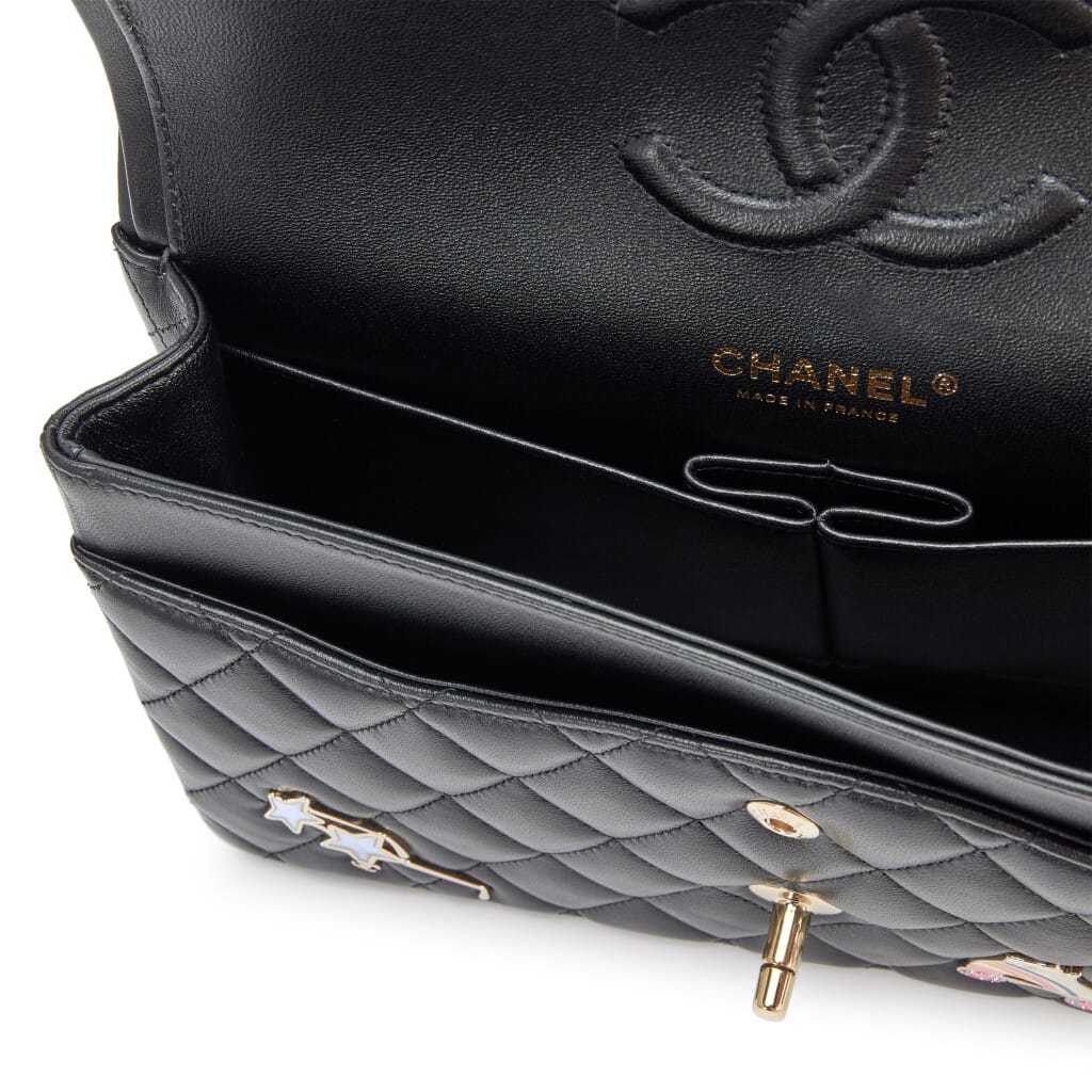 Black Quilted Lambskin Hollywood Charms Medium Classic Double Flap Bag Pale Gold Hardware, 2023