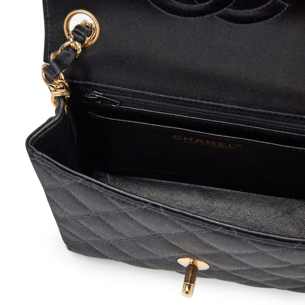 Black Quilted Satin Mini Square Classic Single Flap Bag Gold Hardware, 2002-2003